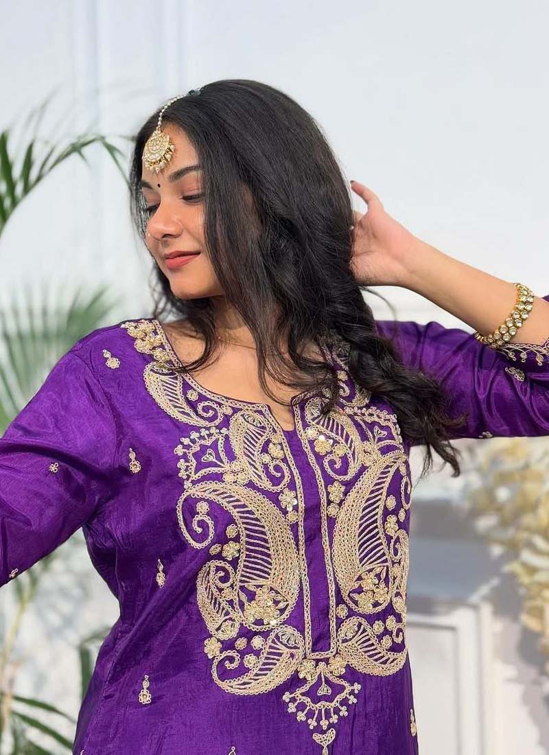 Prazu Fashion Violet Chinon Silk Embroidered Salwar Suit