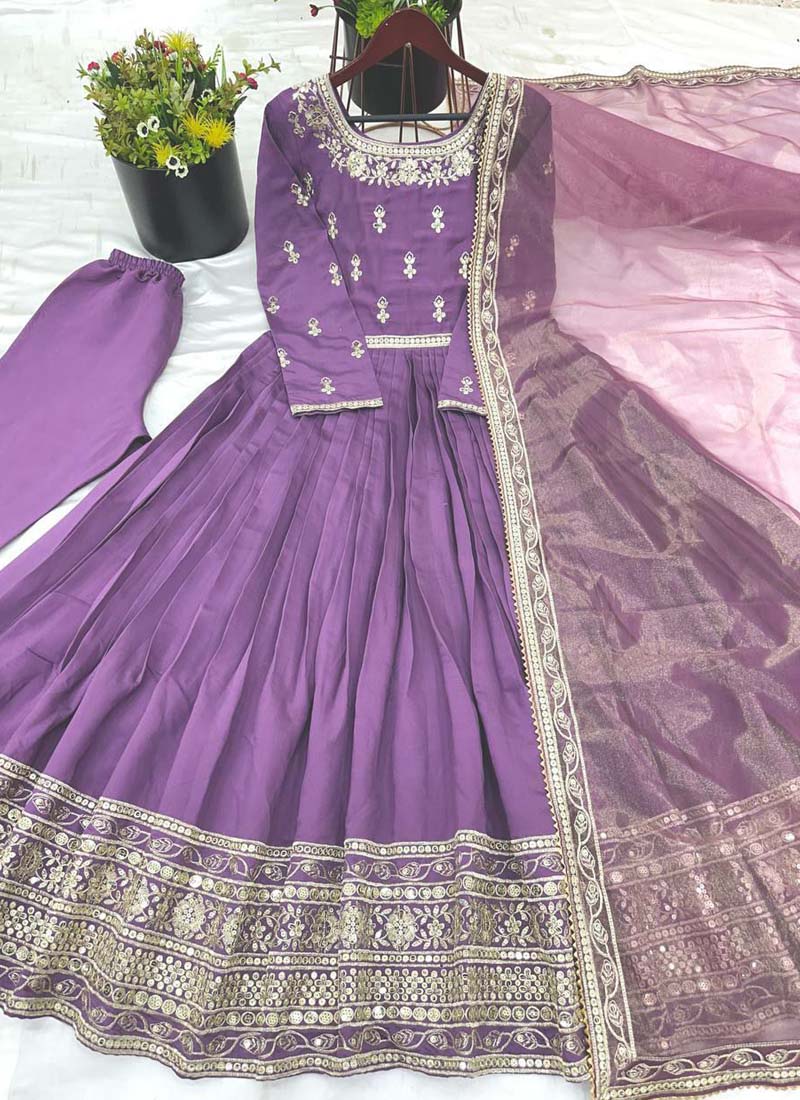 Prazu Fashion Lavender Roman Silk Embroidered Anarkali Suit