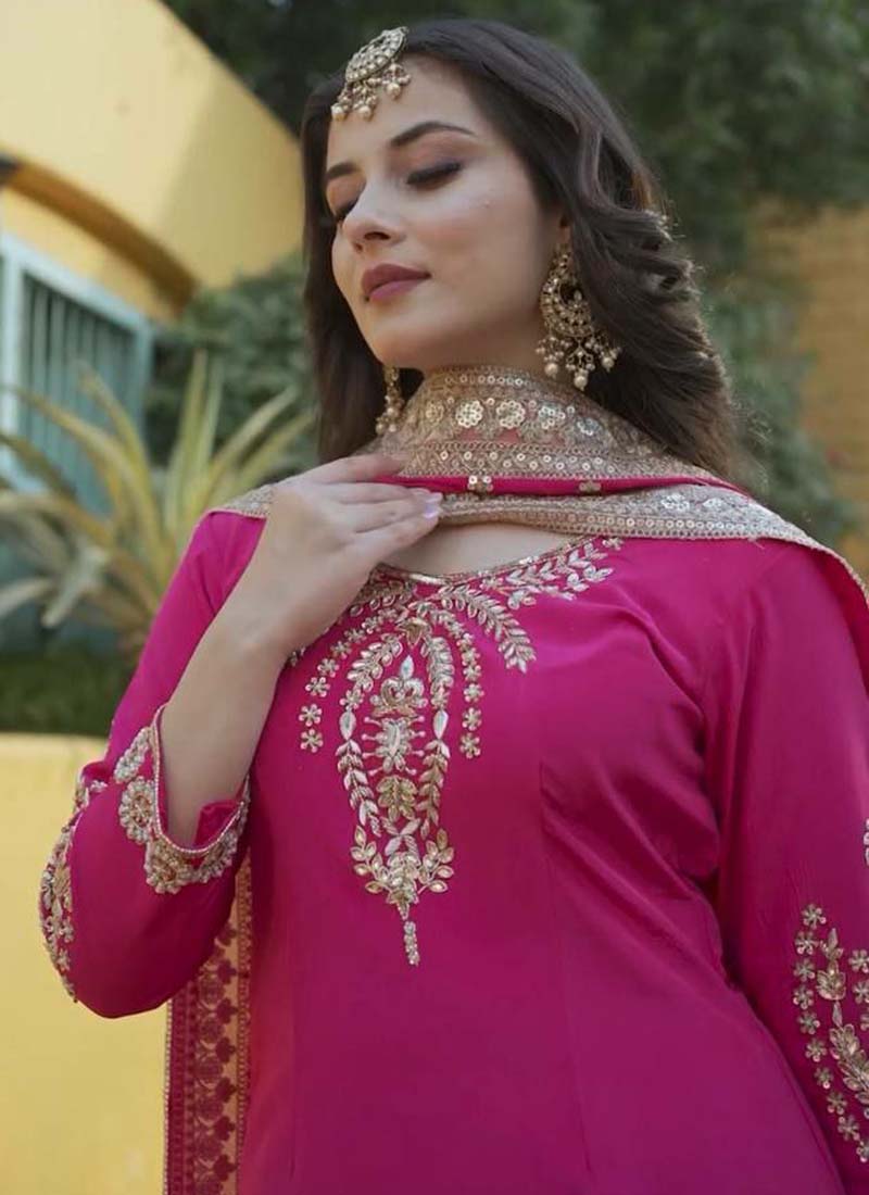 Prazu Fashion Pink Chinon Silk Embroidered Sharara Suit