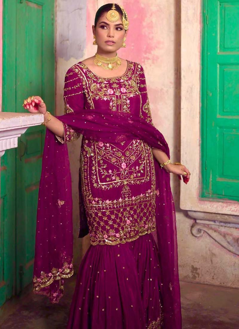 Prazu Fashion Purple Chinon Silk Embroidered Sharara Suit
