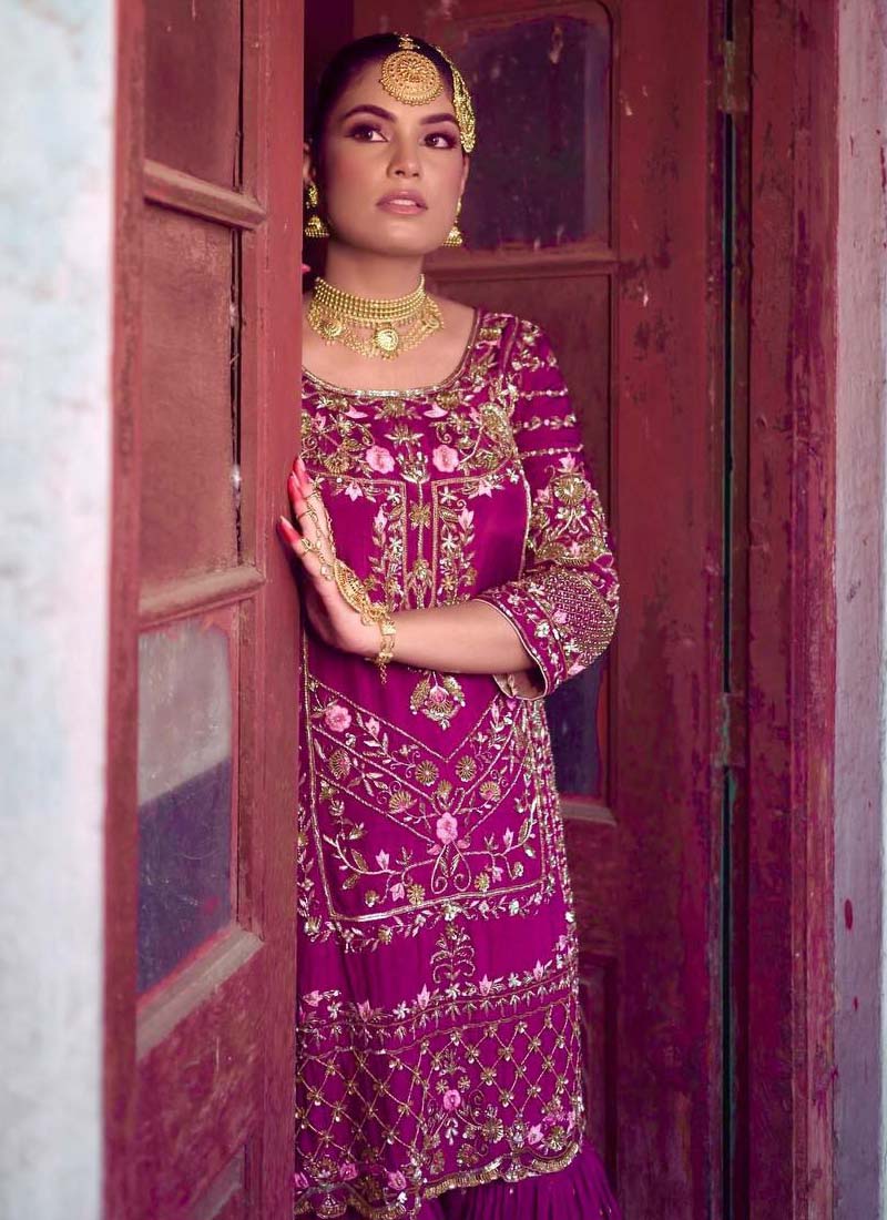 Prazu Fashion Purple Chinon Silk Embroidered Sharara Suit