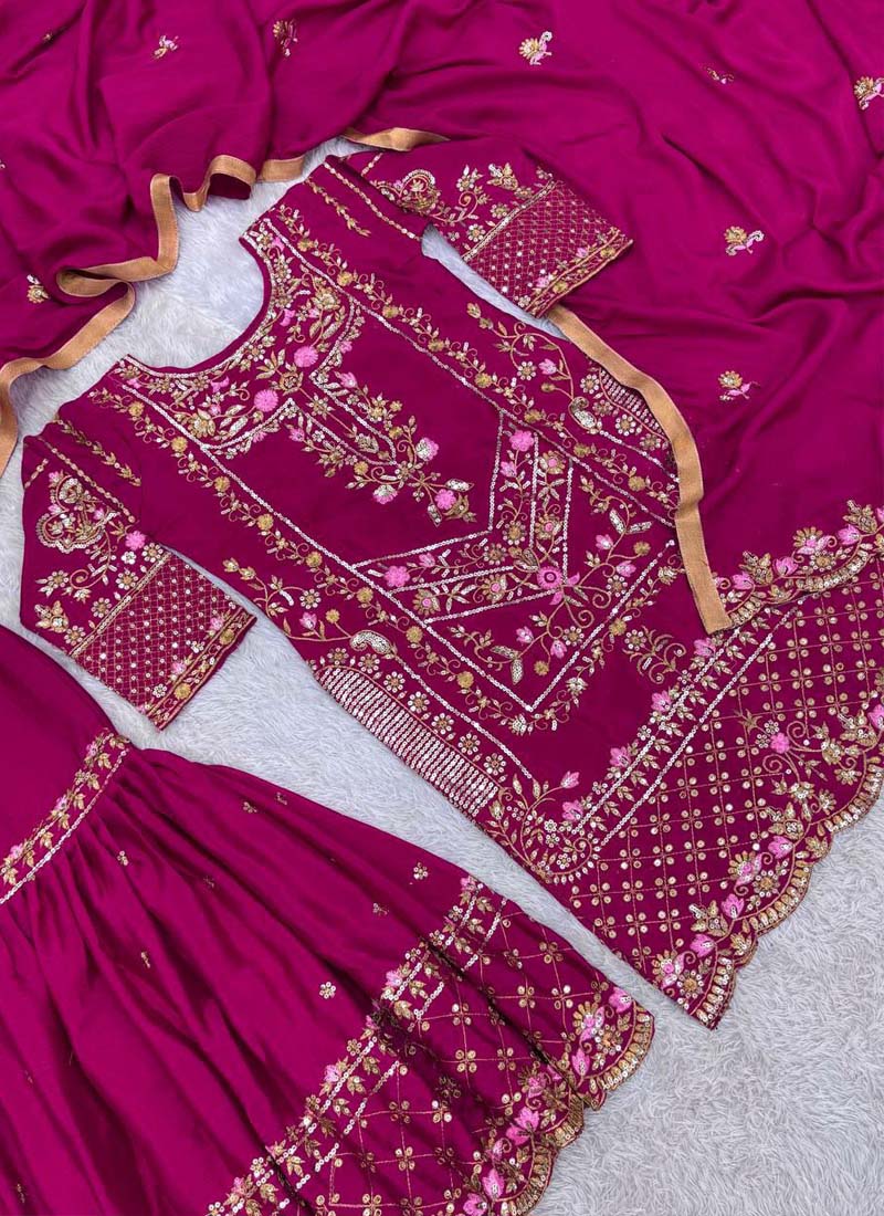 Prazu Fashion Purple Chinon Silk Embroidered Sharara Suit