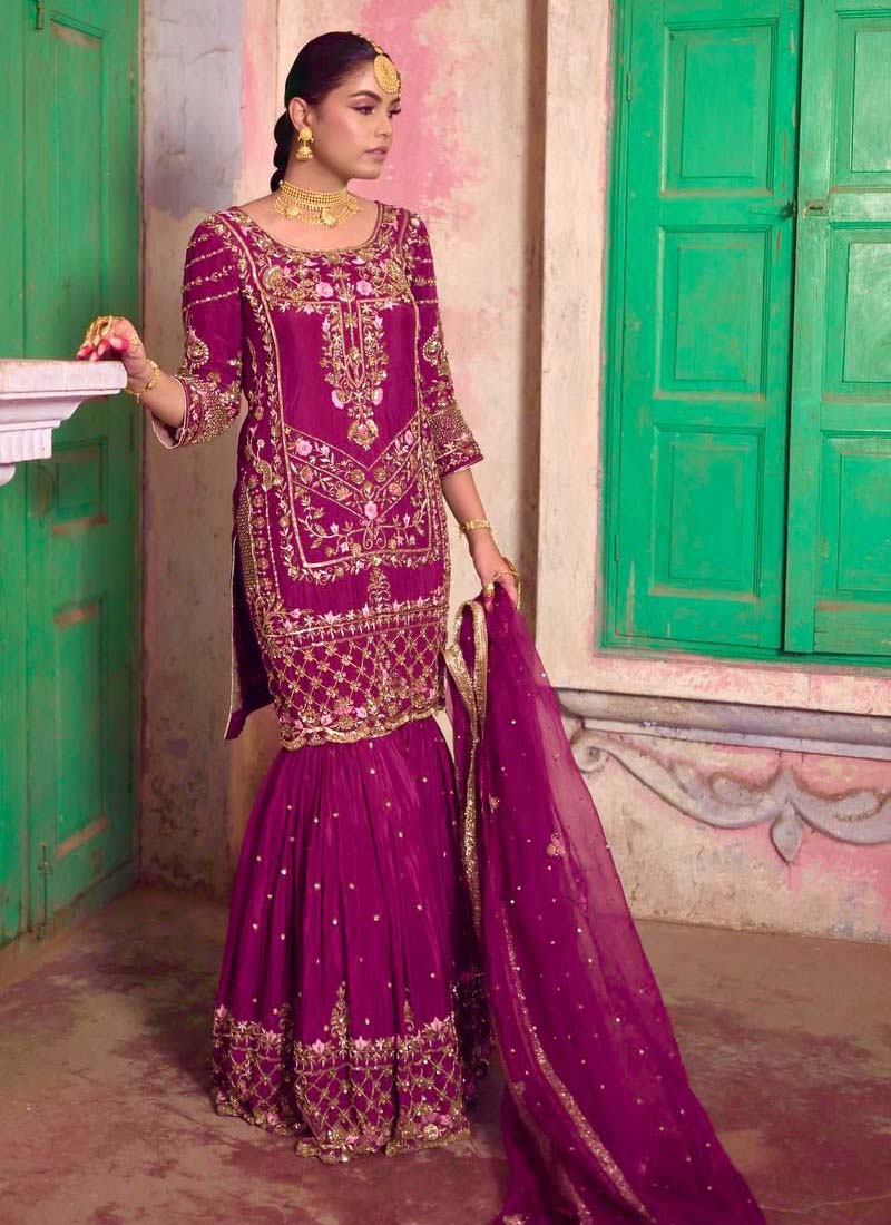 Prazu Fashion Purple Chinon Silk Embroidered Sharara Suit