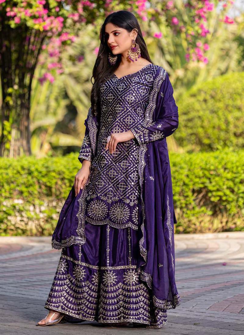 Prazu Fashion Violet Chinon Silk Thread Work Palazzo Suit