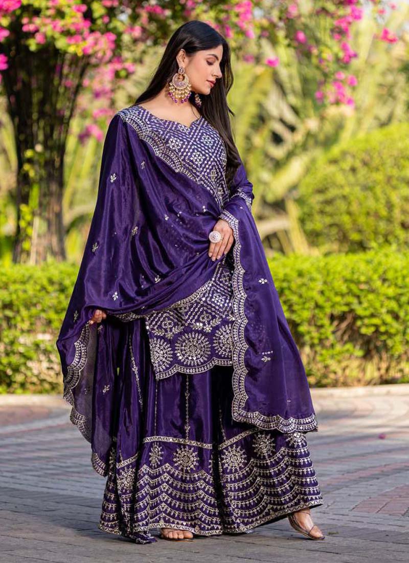 Prazu Fashion Violet Chinon Silk Thread Work Palazzo Suit