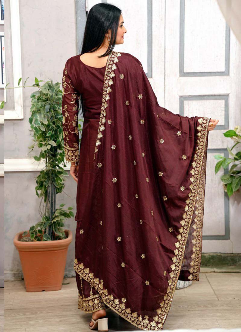 Prazu Fashion Dark Maroon Chinon Silk Embroidered Sharara Suit