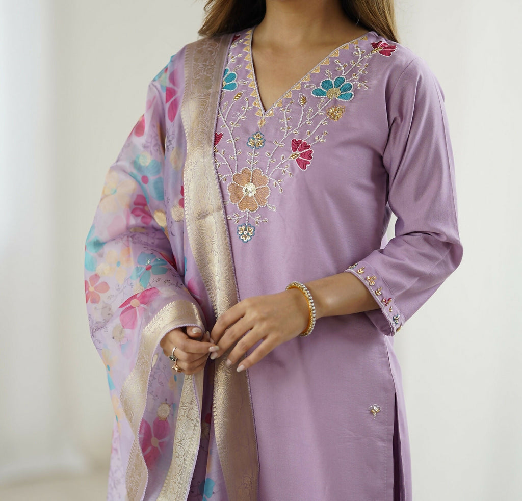 The52 Lavender Women's Gorgeous Embroidered work Viscose Gadhwal Fabric Straight Kurta, Pant and Dupatta Set