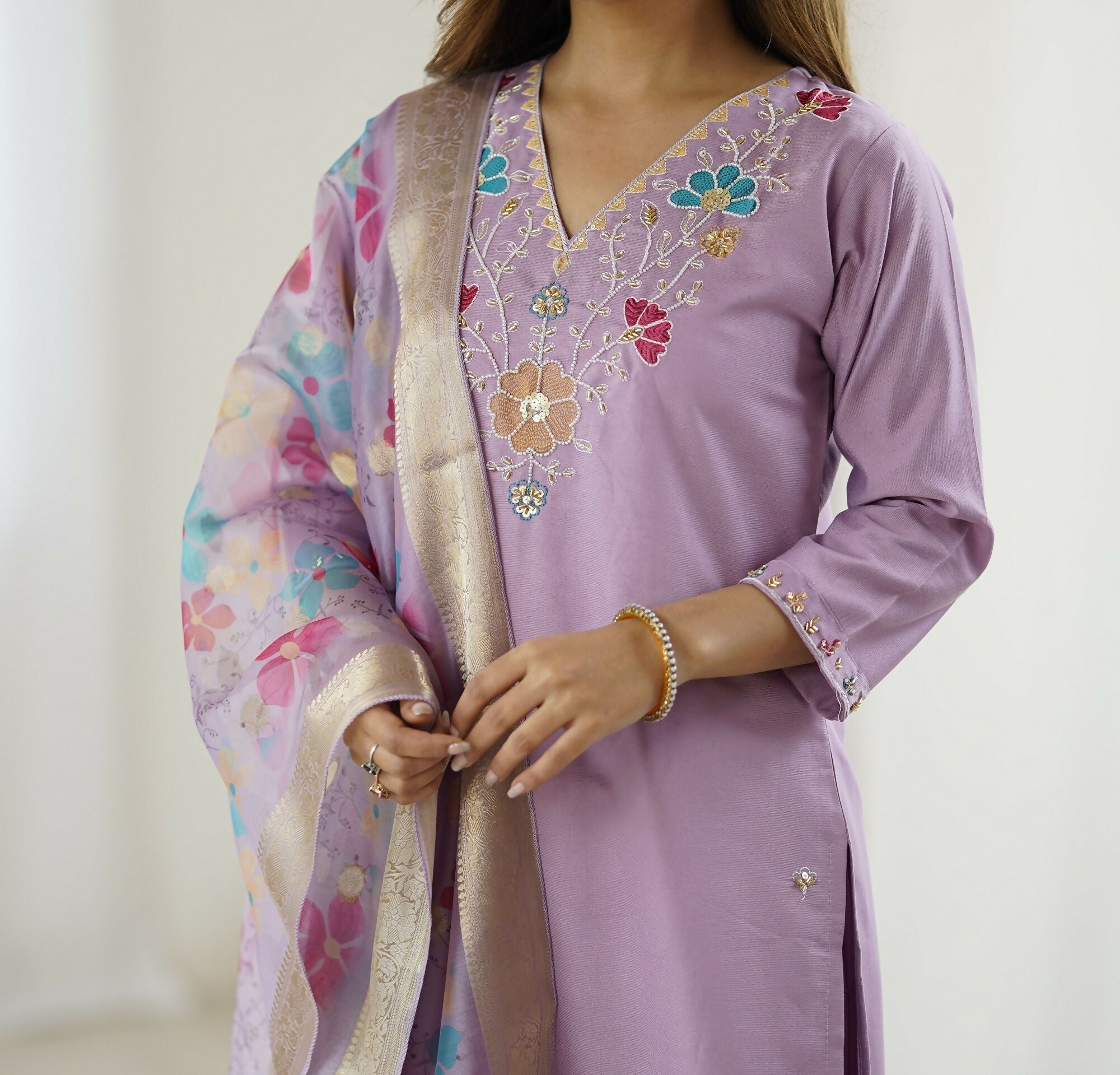 The52 Lavender Women's Gorgeous Embroidered work Viscose Gadhwal Fabric Straight Kurta, Pant and Dupatta Set
