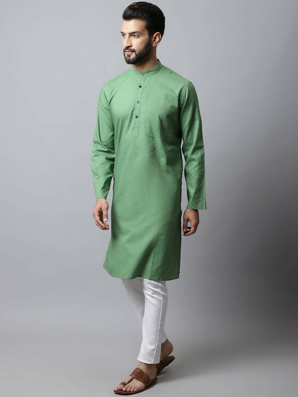Even Apparels Green Color Pure Cotton Men's Kurta With Band Collar (SLD073)
