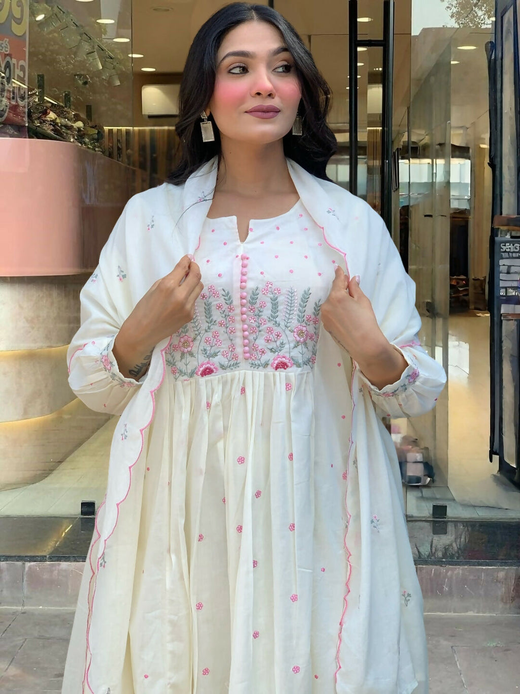 The52 White Women's Beautiful Cotton Fabric Thread Work Straight Kurta Pant and Dupatta Set