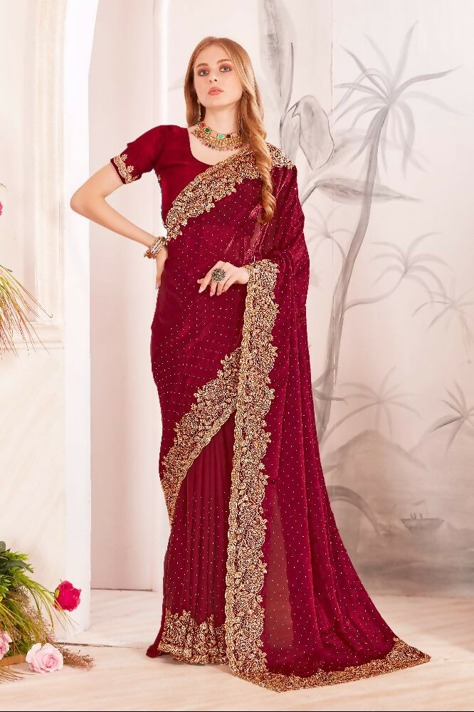 PR Fashion Maroon Fendi Two Tone Silk Heavy Zari & Resham Embroidery Work With Heavy Zircon Work Saree