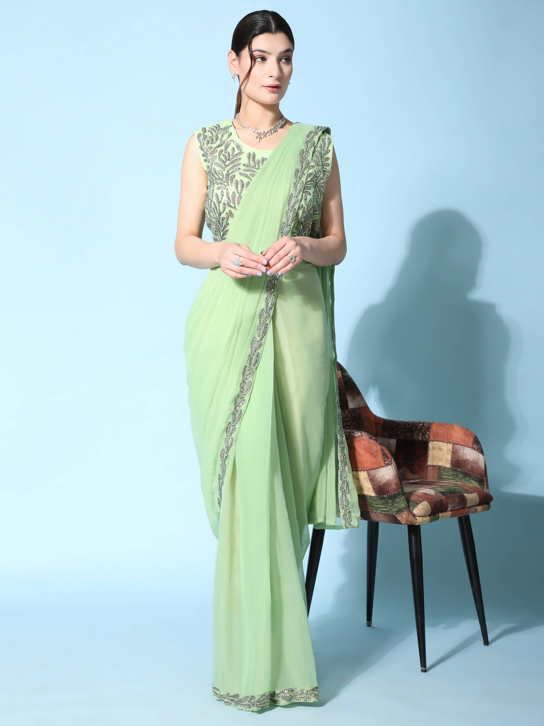 Green Fancy Pure Fabric Plain Ready to wear Saree with stitched Blouse - Vrinda