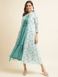 Light Blue Cotton Solid Flared Dress with Printed Shrug - Yukti