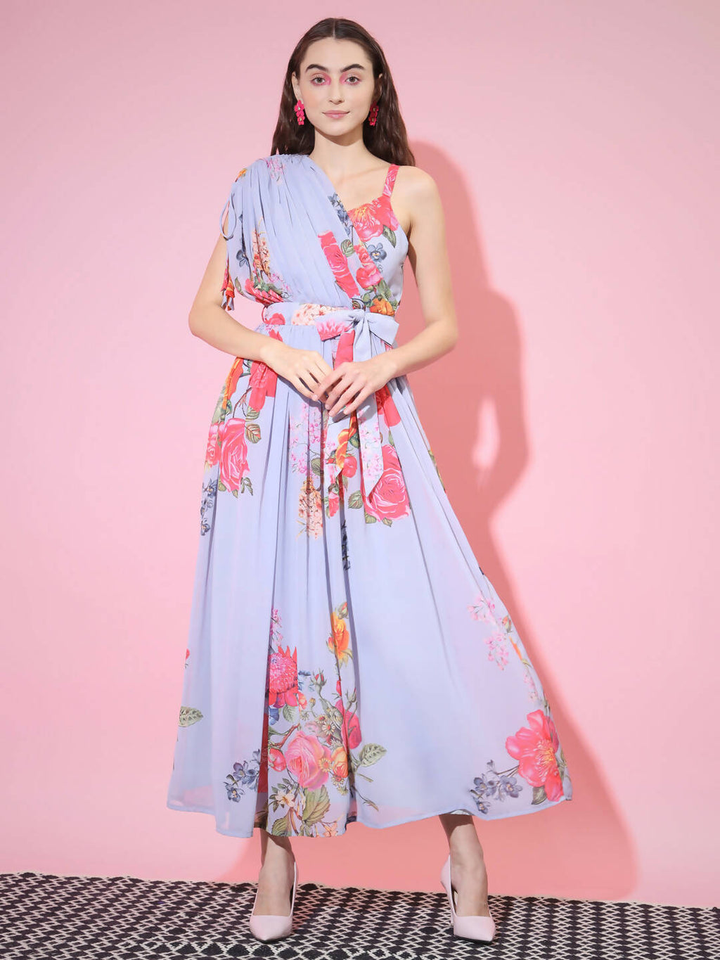 Myshka Women's Grey Floral Printed Empire Dress