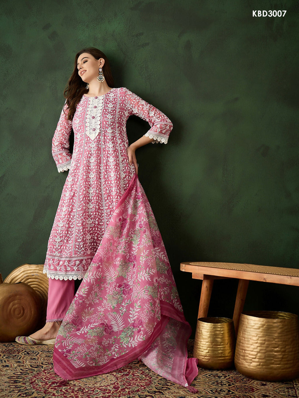 Pink Crystal Organza schiffli embroidery Kurta With Trouser & Dupatta - Bhumi