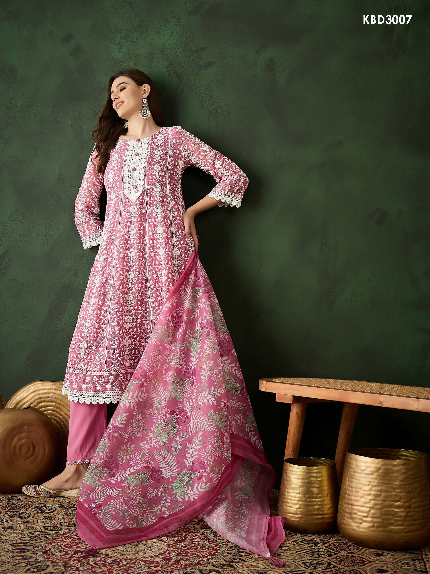 Pink Crystal Organza schiffli embroidery Kurta With Trouser & Dupatta - Bhumi