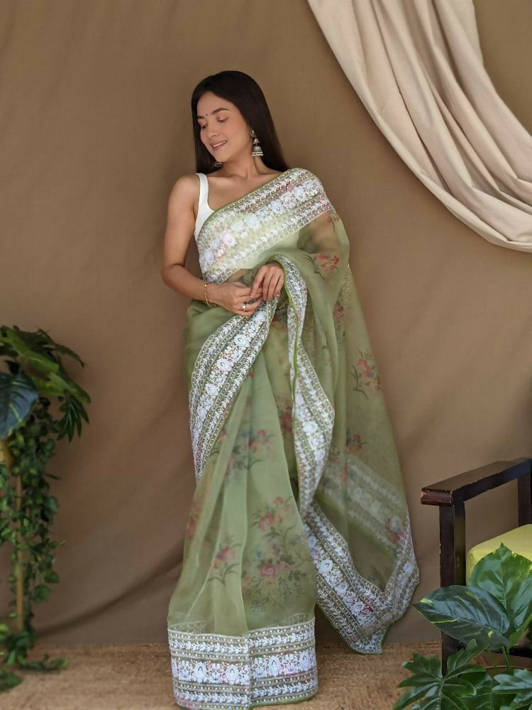 Vamsee White Border Green Organza Saree