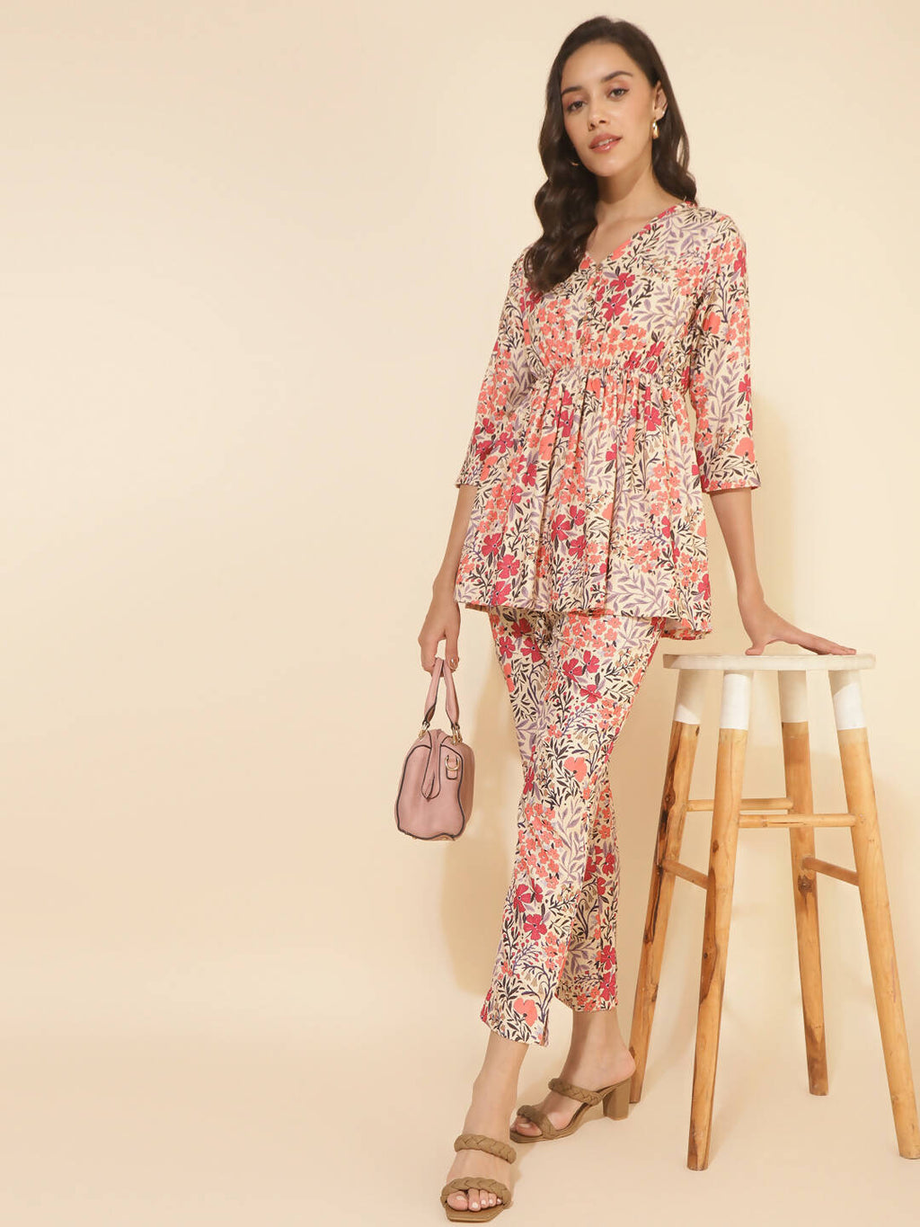Janasya Women's Multicolor Moss Floral Printed Casual Flared Co-ords