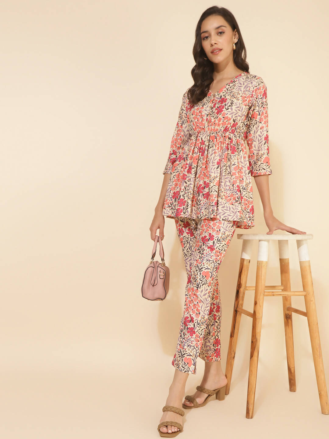 Janasya Women's Multicolor Moss Floral Printed Casual Flared Co-ords