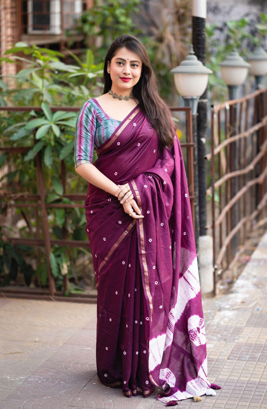 Purple Chanderi Cotton Block Print Saree with Unstitched Blouse - Hiral Fashion