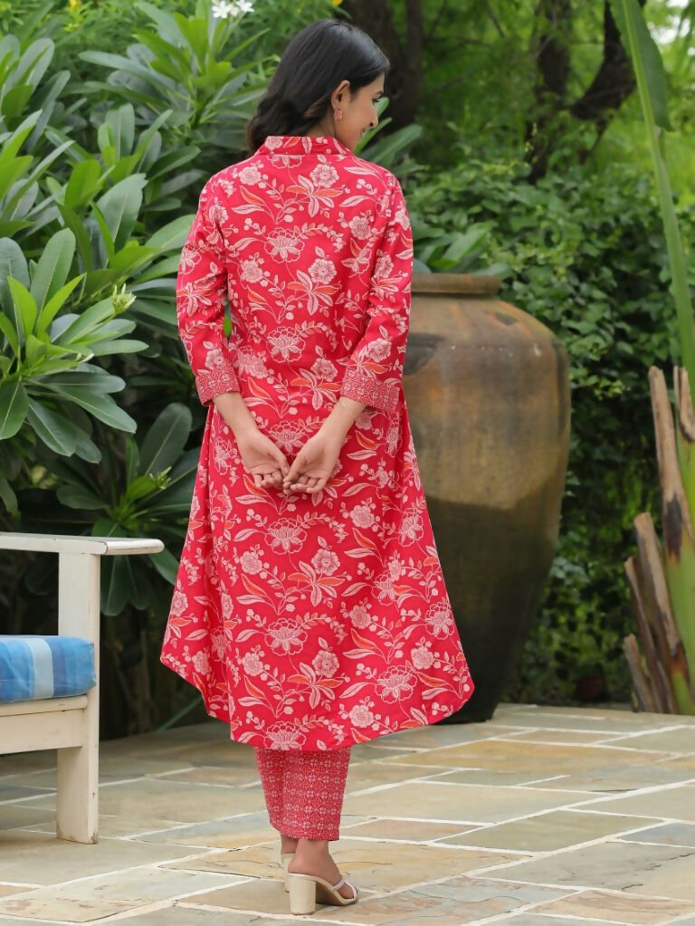 Aramya High Low Soft Cotton Floral Print Women's Kurta - Red