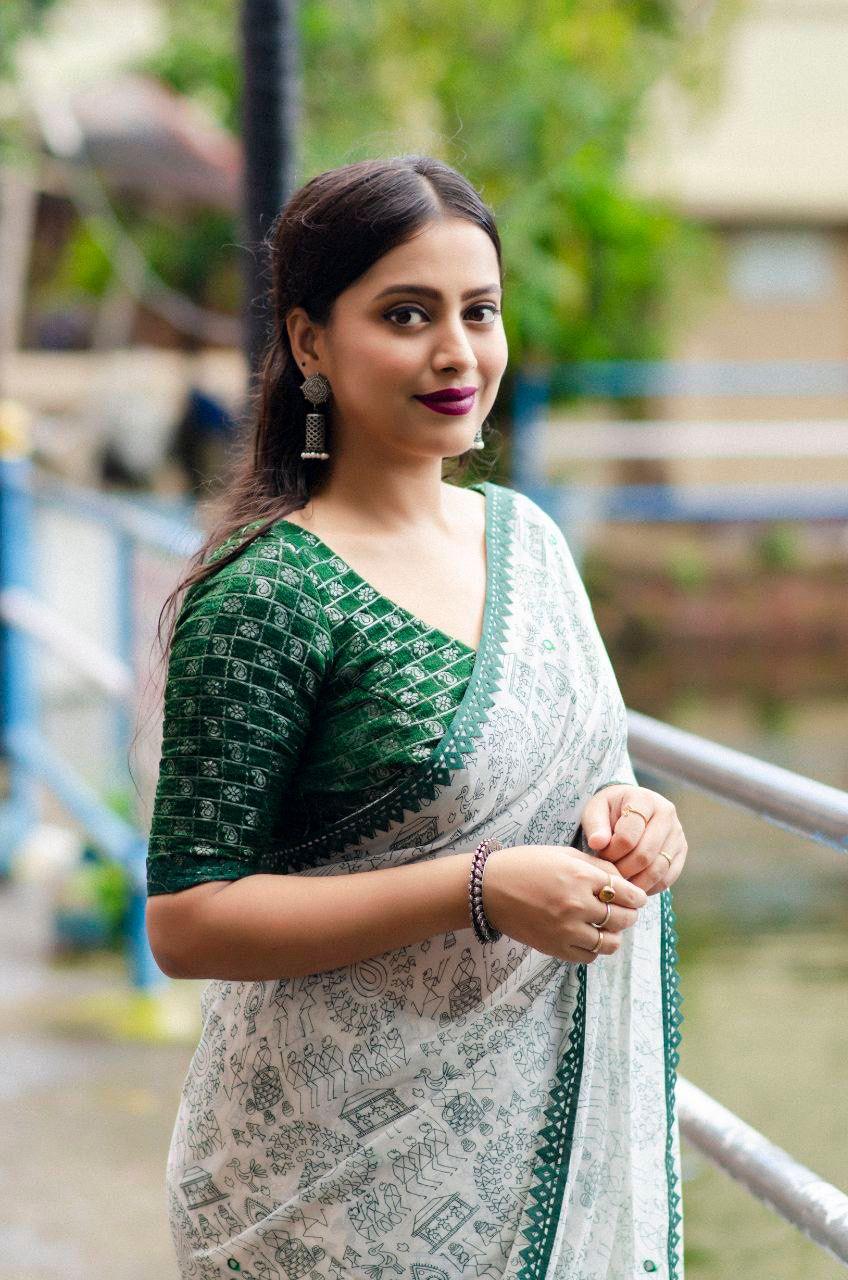Green Pure Georgette Warli Saree with Unstitched Blouse - Hiral Fashion