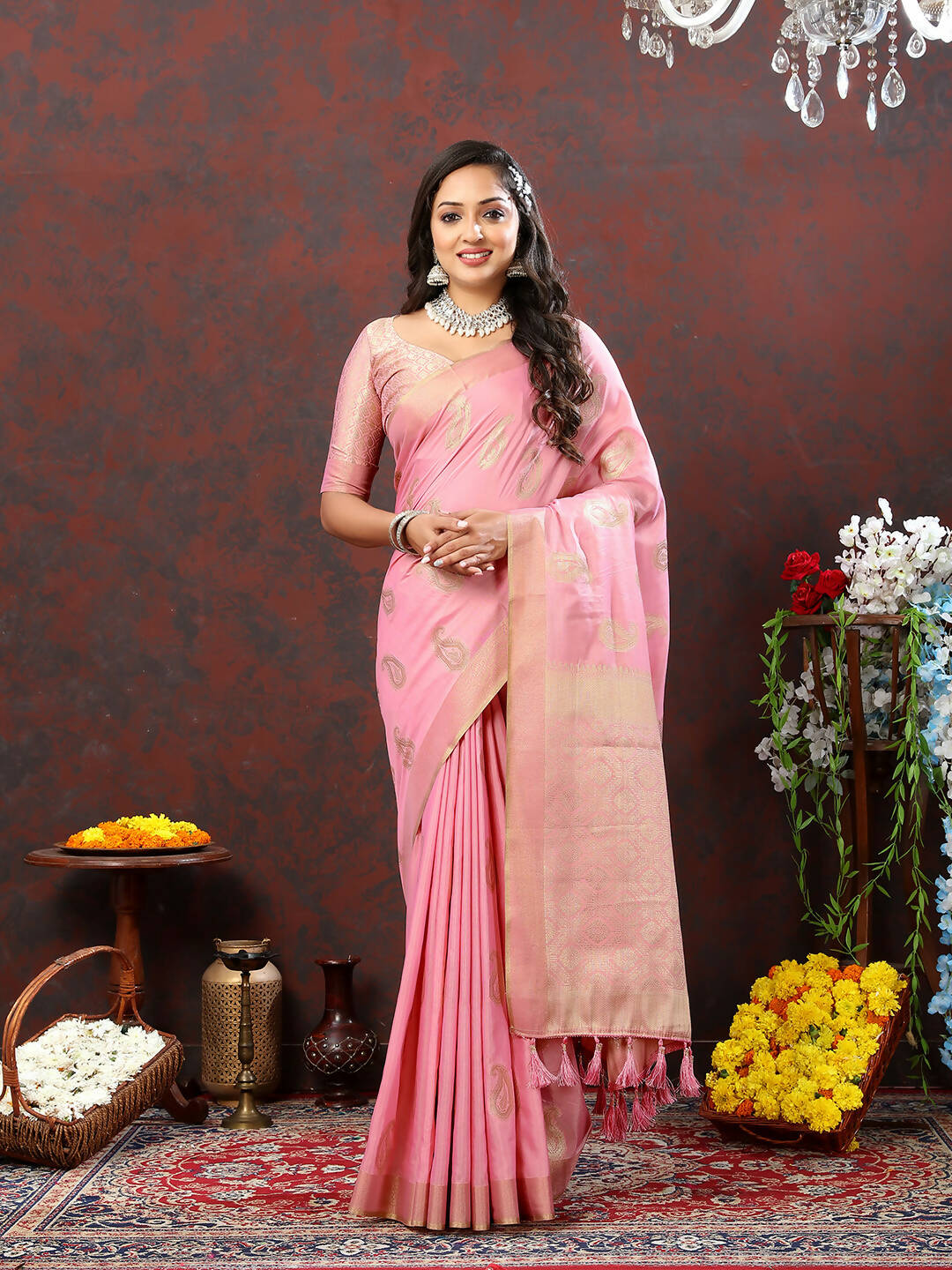 Lorenvalley Fashion Pink Cotton Woven Design with Zari Weaving Design Saree
