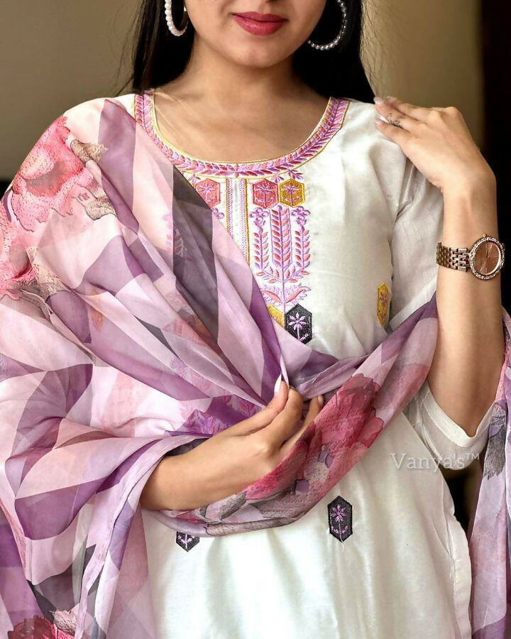 The52 Off White Women's Gorgeous Embroidered Viscose Chanderi Fabric Straight Kurta Pant with Dupatta Set
