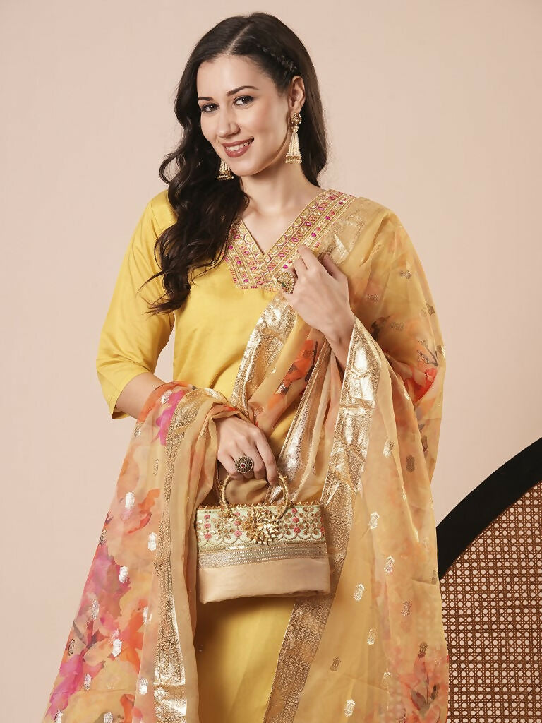 Yellow PV Chanderi Embroidery Work,Printed Kurta Set - Riya