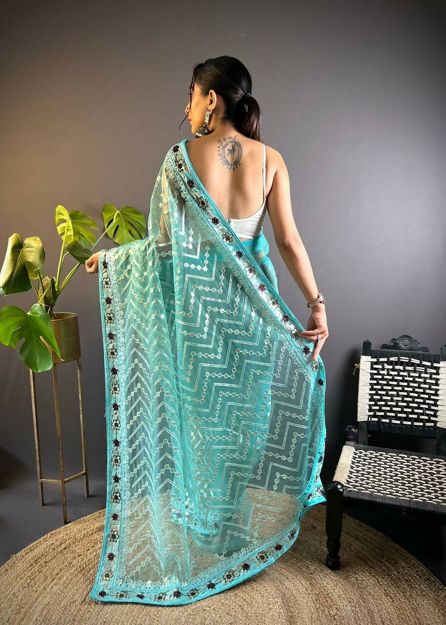 Vastranavya Butterfly Net Designer Chain Stitch Embroidery Work with Foil Thread & Stone Work Saree with Blouse Material - Turquoise