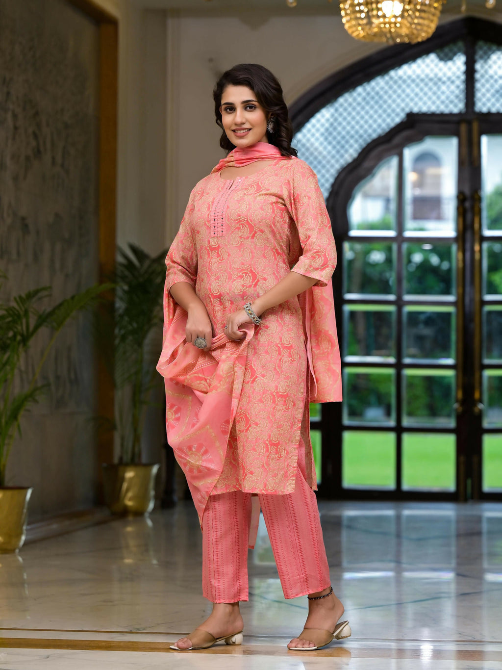 Juniper Women's Pink Ethnic Motif Printed Cotton Kurta Pant And Dupatta Set With Mirror Work & Sequins