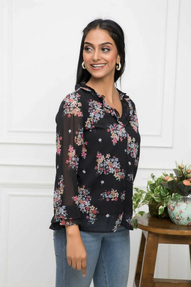 Myshka Women Black Floral V-Neck Regular Sleeves Synthetic Georgette Top