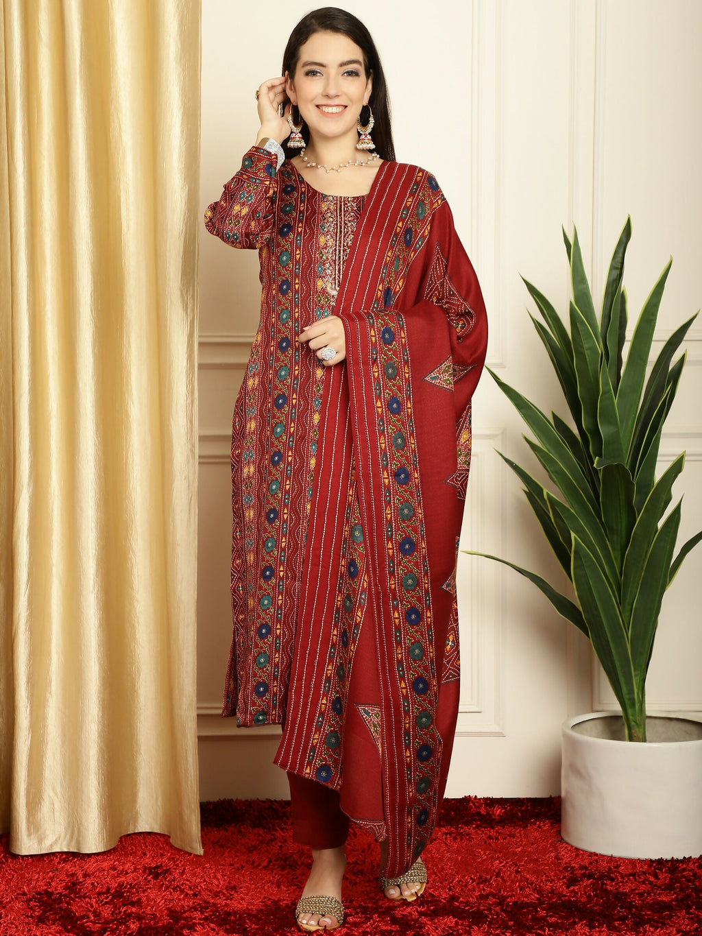 Jyoti Fashion Women's Maroon Pashmina Floral Digital Printed Kurta with Trouser & Dupatta