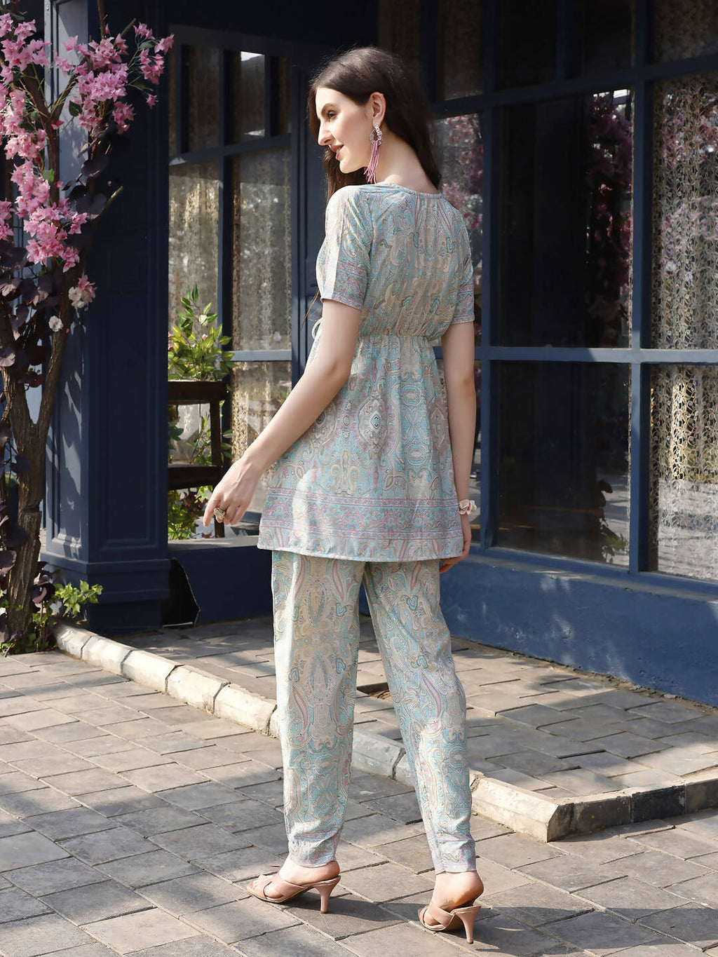 Sky Blue Rayon Paisley & Floral Printed Top with Matching Bottom - Eesha