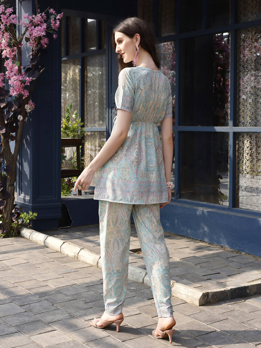 Sky Blue Rayon Paisley & Floral Printed Top with Matching Bottom - Eesha
