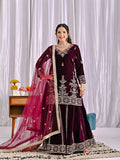 Joban Fashion Wine Velvet Sequence Embroidery Work Kurta Set