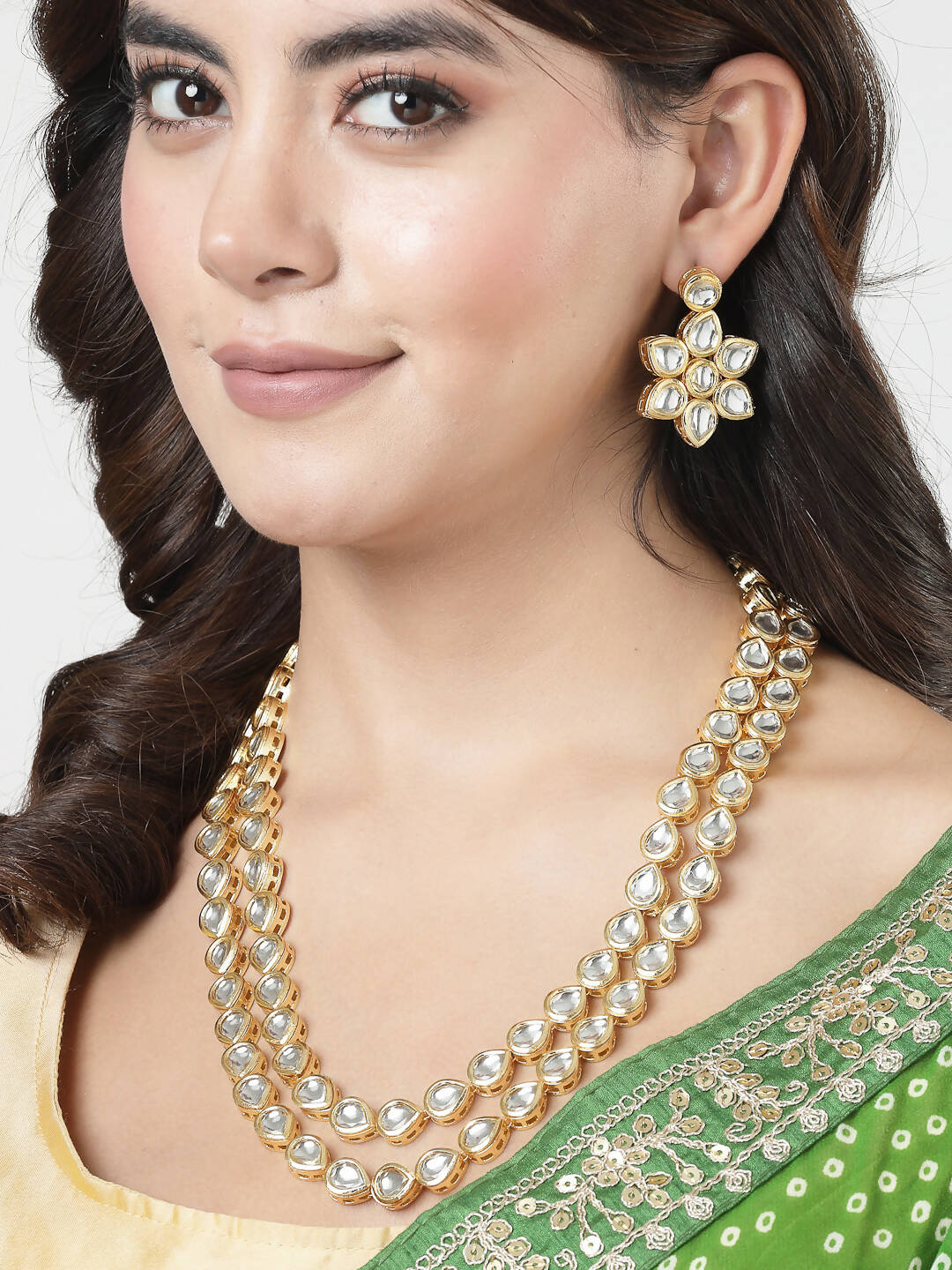 NVR Women's Gold-Polished Kundan 2 Layered Handcrafted Jewellery Sets With Drop Earrings