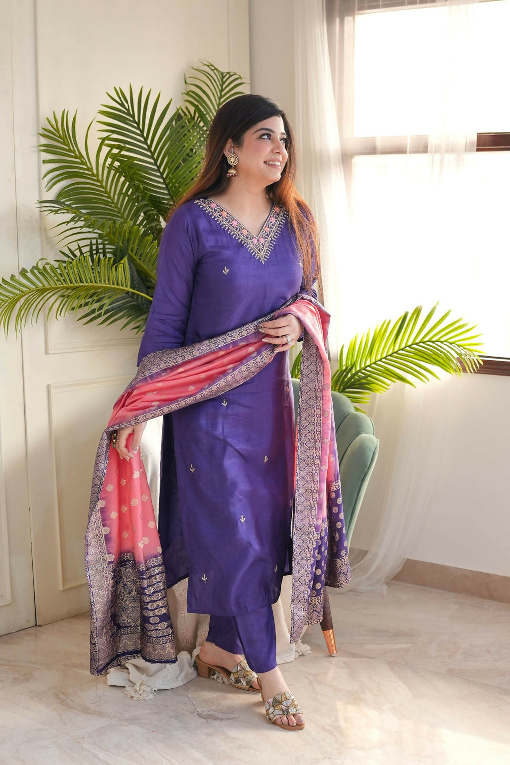 The52 Purple Women's Gorgeous Embroidered Vichitra Fabric Straight Kurta Pant with Dupatta Set