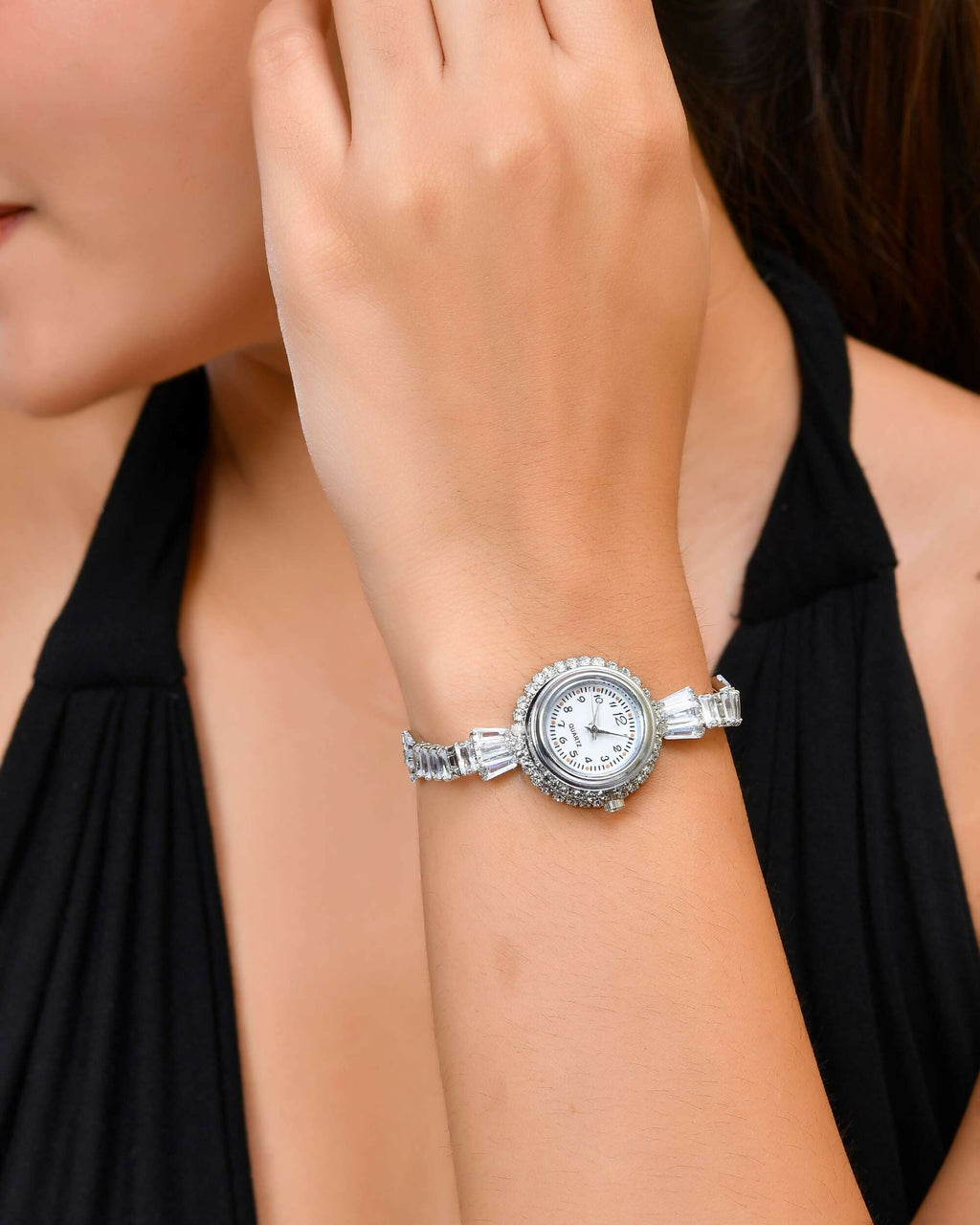 VOJ Silver Plated Crystal Studded Watch Bracelet