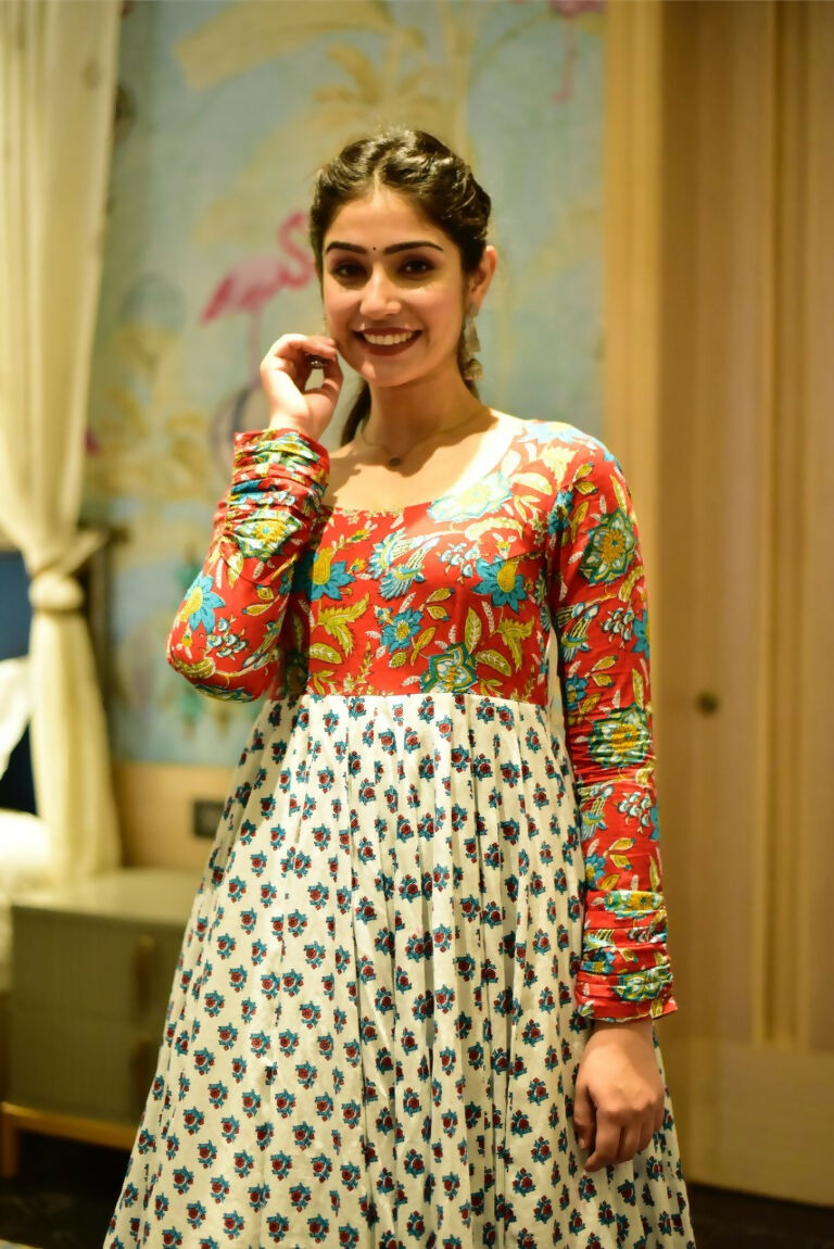 Jyoti Fashion Women's Off White Heavy Digital Printed Cotton Silk Anarkali Dress