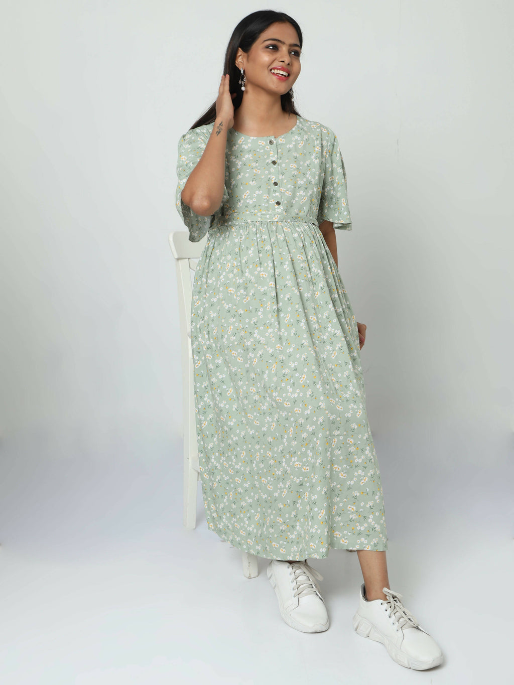 Manet Frill Slevees Maternity Dress Floral Print With Concealed Zipper Nursing Access - Green