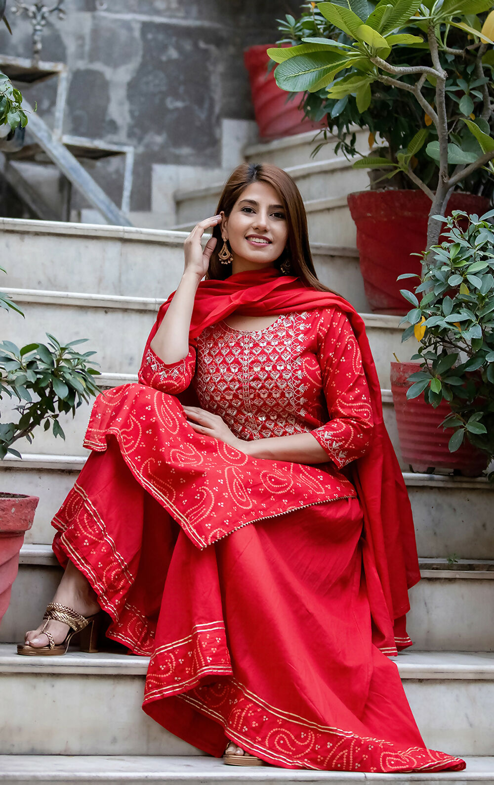 Kaajh Women's Red Bhandej Embroidered Kurta Sharara With Dupatta Set