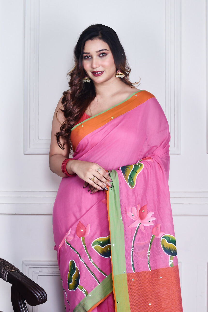 Morchari Multicolour Cotton Handloom Mirror Work Saree Unstitched Blouse