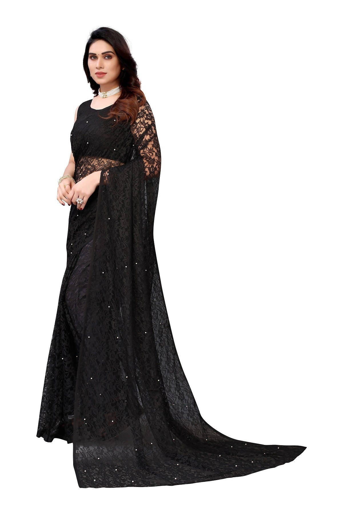 Vamika Ethnic Fire Black Pearls Net Saree