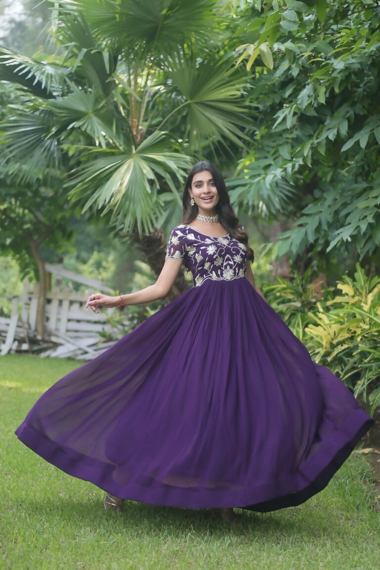 Jyoti Fashion Women's Purple Sequins Embroidered Faux Georgette Anarkali Dress