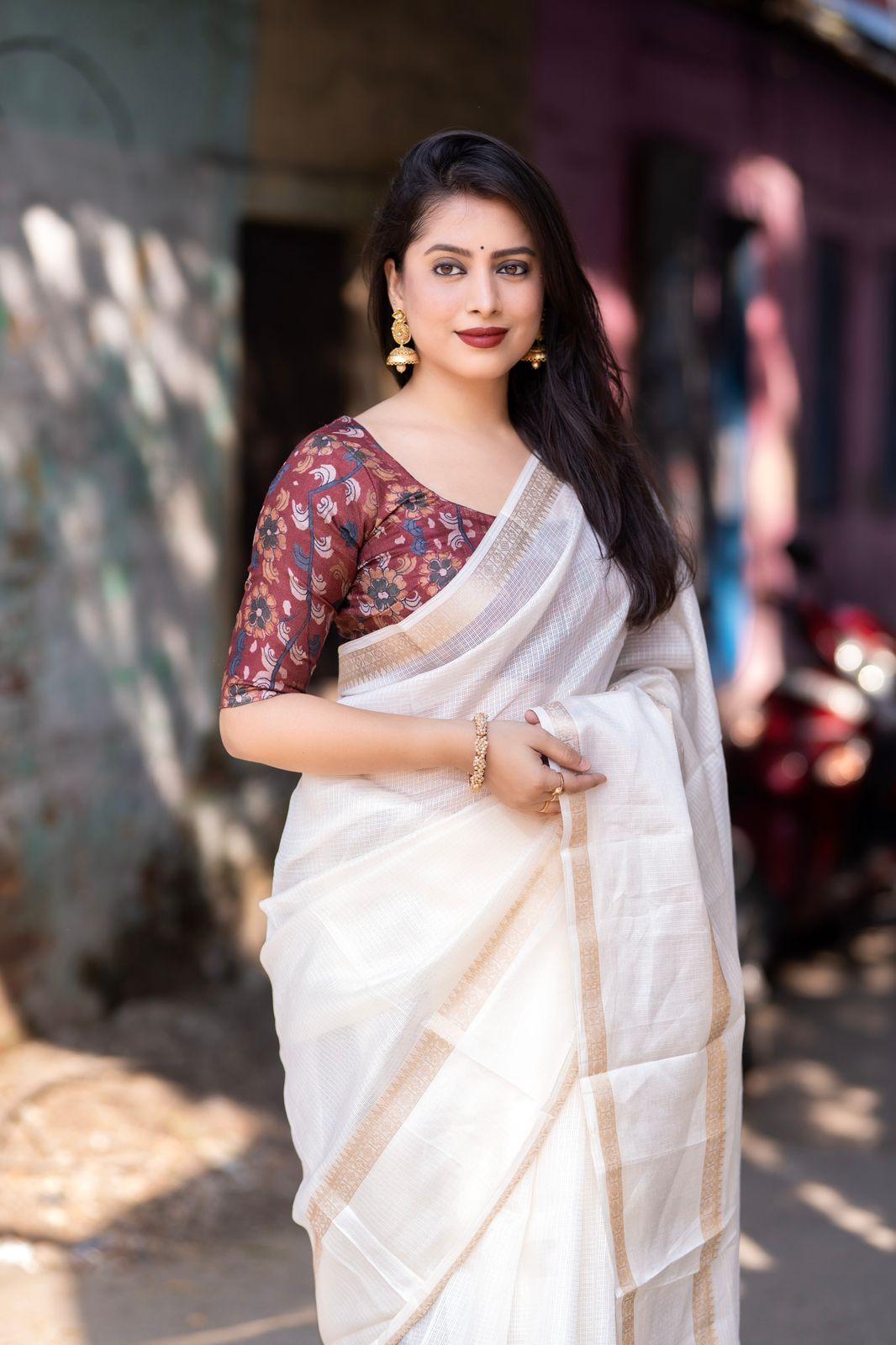 White Silk Blend Kalamkari Saree with Unstitched Blouse - Hiral Fashion