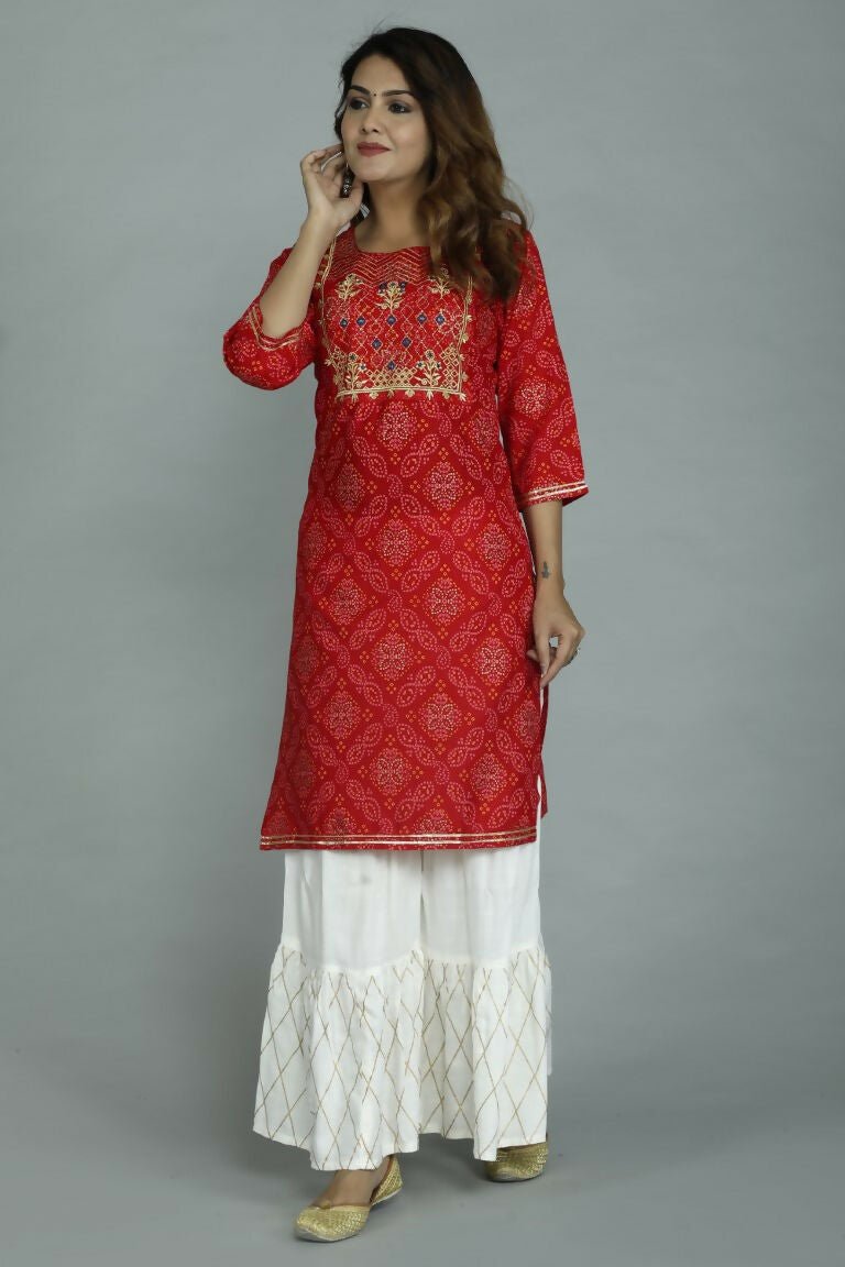 Alvano Printed Stylish A-line Kurti with Sharara set for Women and Girls Rayon (Orange)