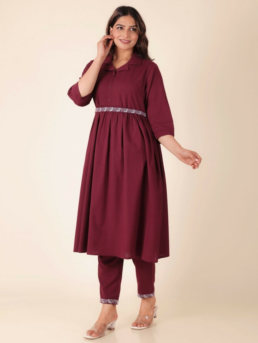 Aramya Maroon Linen Cotton Solid Print A-line Kurta Set for Women