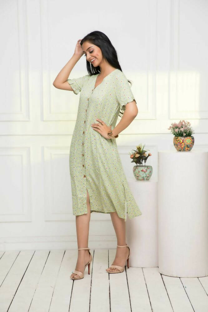 Myshka Women Ethnic Motifs Rayon A-Line V-Neck Green Dress