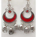 MS Fashion India Red Enamel Silver Oxidized Half Moon Triple Jhumka Floral Hanging Earrings